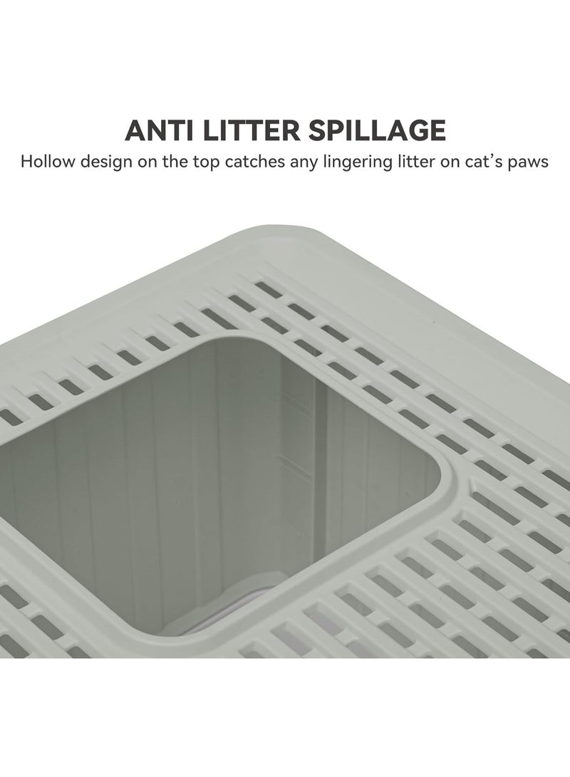 م اكس م صندوق فضلات القطط والحيوانات الأليفة كبير مع غطاء، صندوق فضلات قابل للطي مع درج قابل للسحب، صينية مرحاض القطط المضادة للرذاذ، تصميم سهل التنظيف مع مغرفة وفرشاة رمادي/أبيض (رمادي، كبير) - Image 5